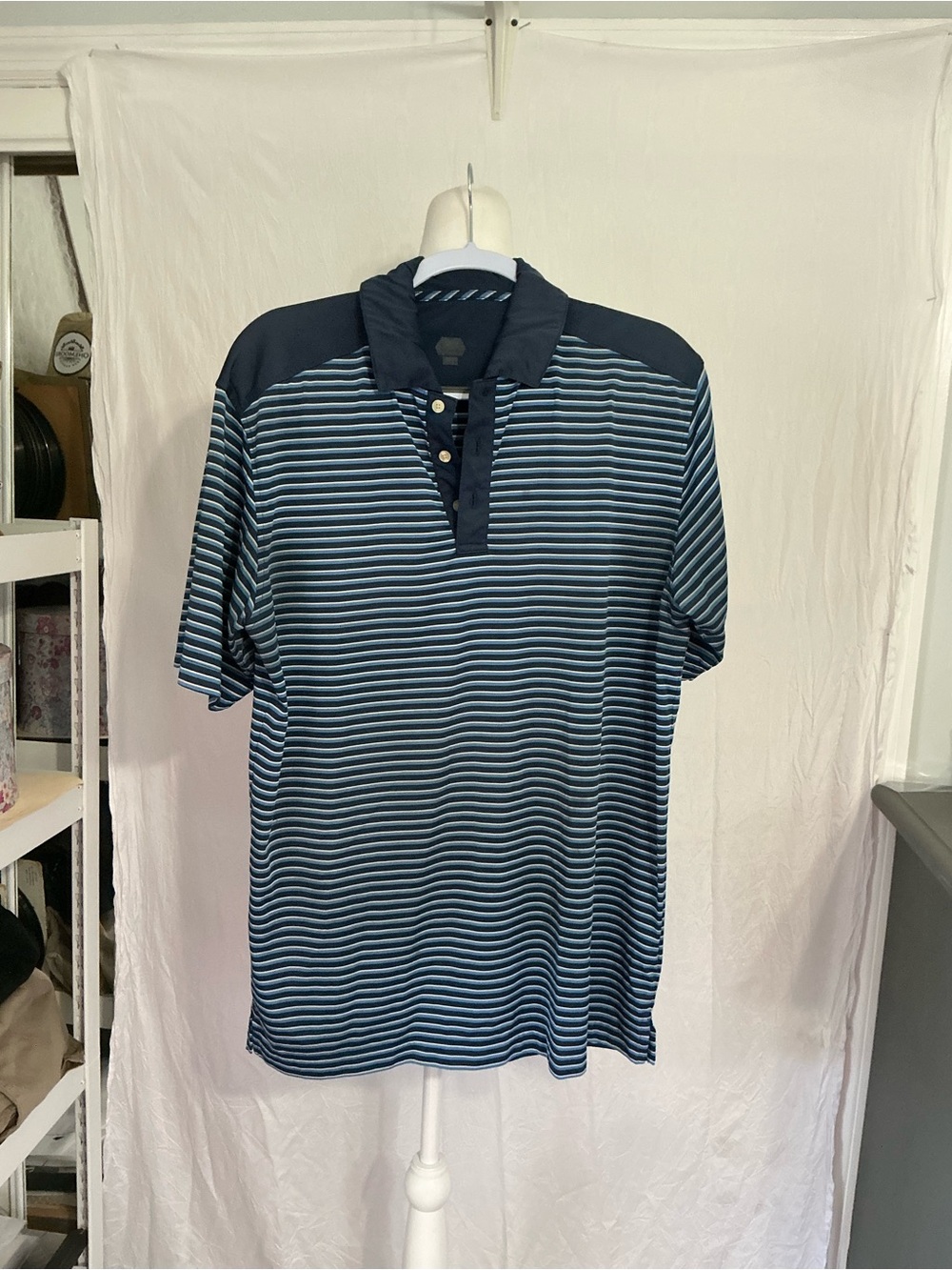 Men's Blue Striped Polo Shirt with Contrast Collar
